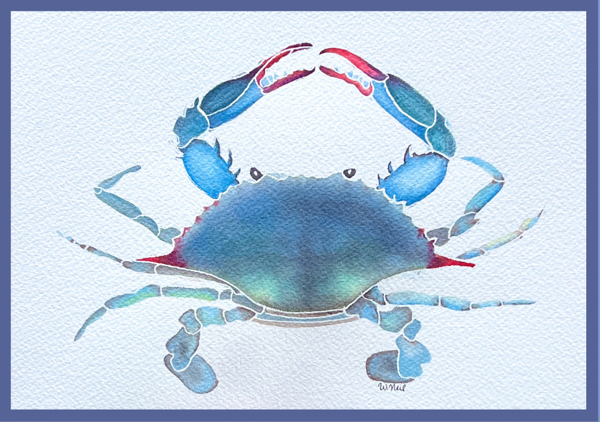 Book cover for 'Sip & Paint: Coastal Watercolors with Whitney Neil', featuring a watercolor illustration of a blue crab on a white textured background with a blue border and blue title text.