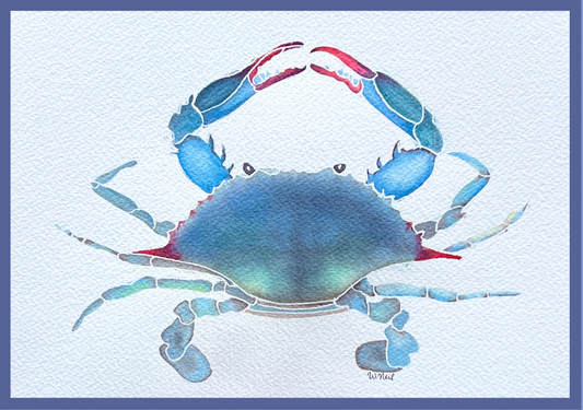Book cover for 'Sip & Paint: Coastal Watercolors with Whitney Neil', featuring a watercolor illustration of a blue crab on a white textured background with a blue border and blue title text.