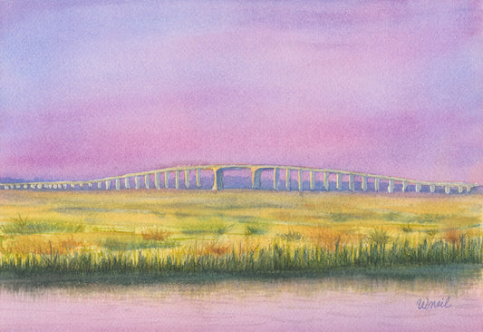 Watercolor painting of a bridge over a salt Marsh with a pastel sunset sky.